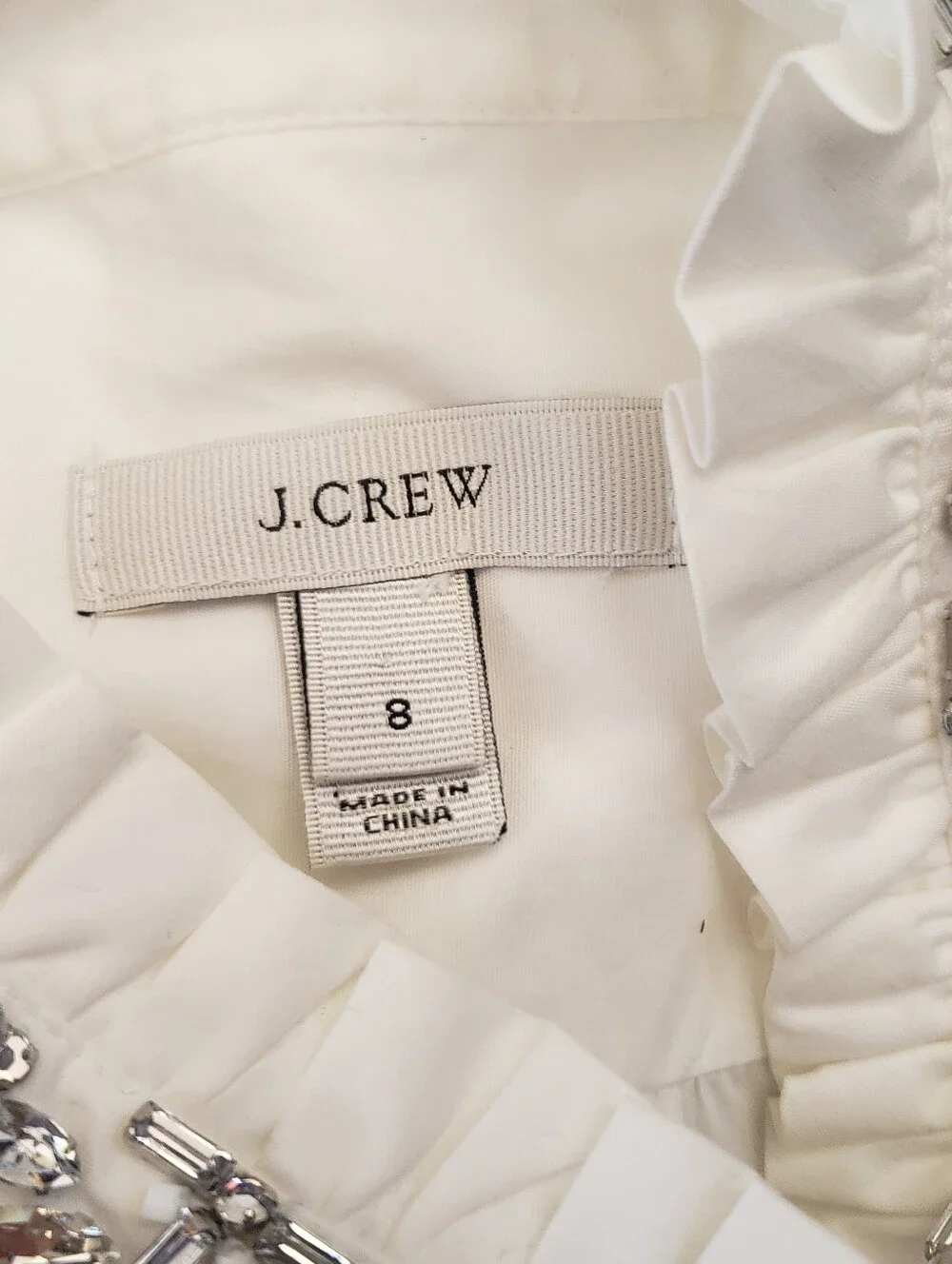 J. Crew Sleeveless White Cotton Button-Front Shirt with Embellished Collar Sz 8